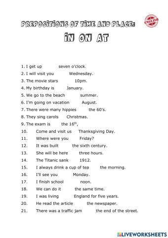 Prepositions of time and place in on at