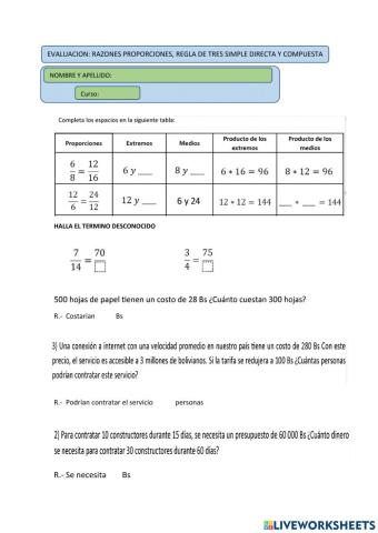 Razones y proporciones y regla de tres simple directa y compuesta