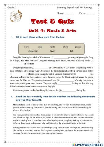 English 7 - Unit 4 - Reading Test