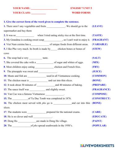 English 7 unit 5 word form