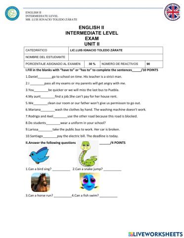 English ii-intemediate level-unit ii-exam