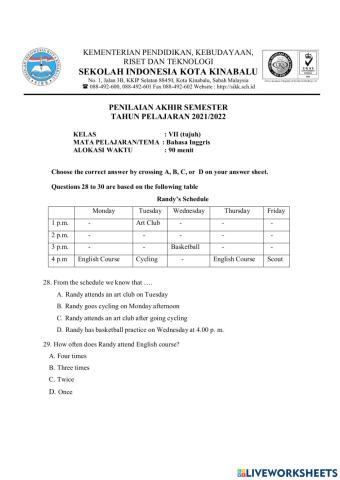 SOAL Pas Bahasa Inggris Kelas 7 No 28-40