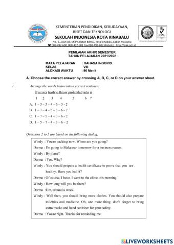Soal PAS Bahasa Inggris Kelas 8 No. 1-20