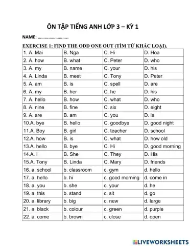 Ôn tập tiếng anh lớp 3 - kỳ 1