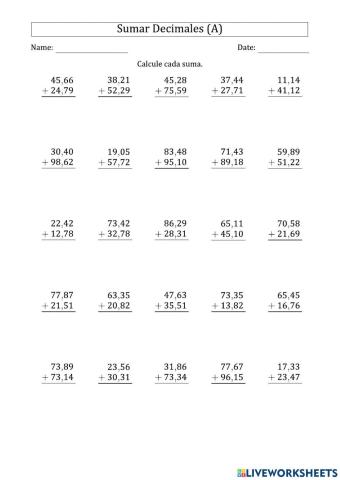Suma números decimales matemáticas eso