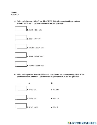 Dividing by 10, 100 and 1 000