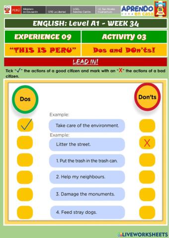 Week 34 - ENGLISH A1 - Experience 9 - Activity 3. DOs and DON'Ts!