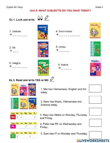 Unit 8: What subjects do you have today?