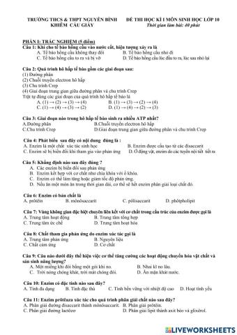 Đề thi học kì 1 - sinh 10 CB