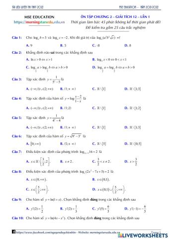 Giải tích 12 - Đề Ôn tập Chương 2 - Lần 1
