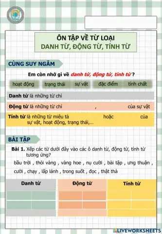 Tiếng Việt 4 - Tuần 15 - Ôn tập về từ loại (danh từ, động từ, tính từ)