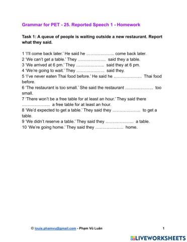 Grammar for PET - 25. Reported Speech 1 - Homework