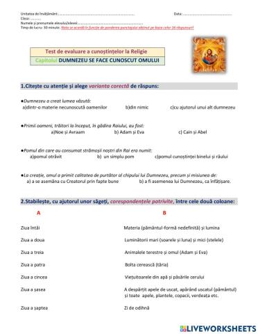 Evaluare clasa a V-a - Dumnezeu se face cunoscut omului