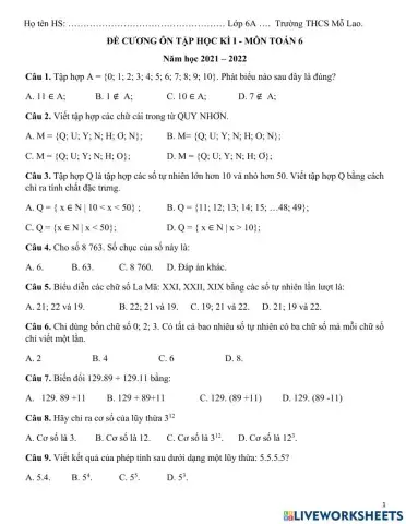 Trắc nghiệm HK1 Toán 6 ĐC 1