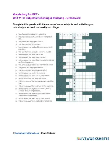 Vocabulary for PET -  Unit 11.1: Subjects- teaching & studying - Crossword