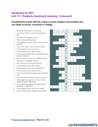 Vocabulary for PET -  Unit 11.1: Subjects- teaching & studying - Crossword