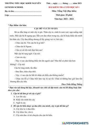 Kiểm tra cuối học kì 1 - Môn Tiếng Việt