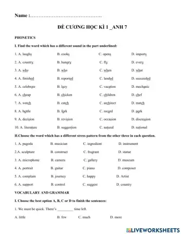 Grade 7- Revision for final test 1