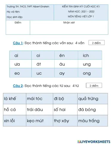 Đề Đánh giá cuối HK1-TV - Đọc - Lớp 1