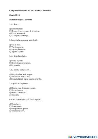 Comprensió lectora Els 5 aventura de tardor Capítols 7 i 8
