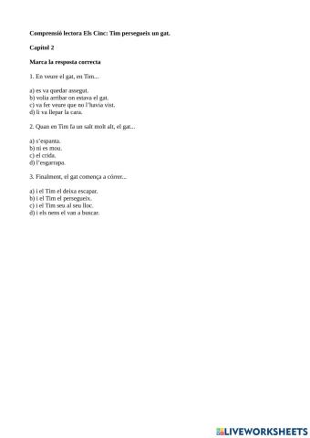 Comprensió lectora Els 5 En Tim persegueix un gat Capítol 2
