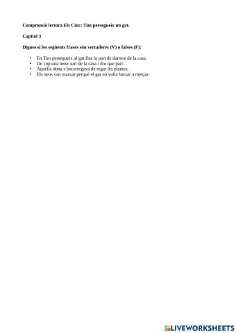 Comprensió lectora Els 5 En TIm persegueix un gat Capítol 3