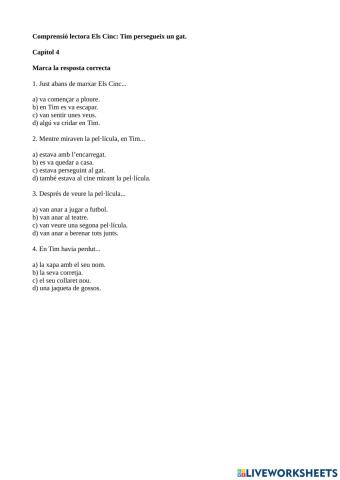 Comprensió lectora Els 5 En Tim persegueix un gat Capítol 4