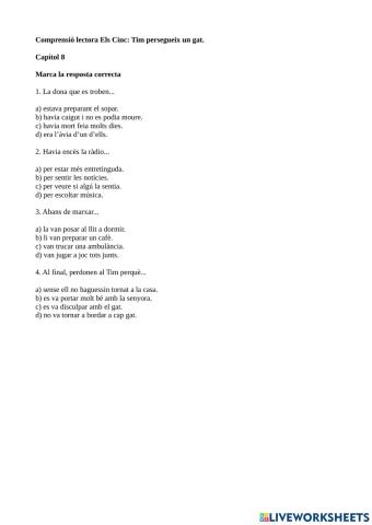 Comprensió lectora En Tim persegueix un gat capítol 8
