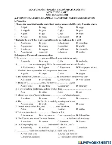 Đề ôn Tiếng Anh 7 HK1 (CT mới)