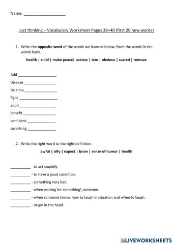Just Thinking Vocabulary Worksheet Pages 39 - 40
