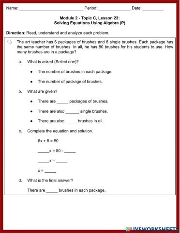 Problem Solving Involving Linear Equations