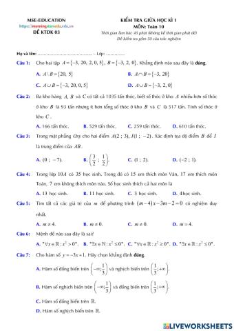 Toán 10 - Kiểm tra CK1 - Đề số 03 (100-TN)