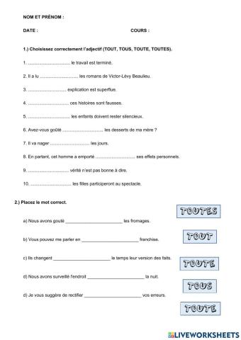 Pronom Indéfini:Tout, tous, toute, toutes