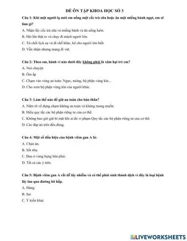 Đề ôn tập cuối học kì I Khoa học