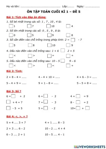 Ôn tập cuối kì 1 lớp 1