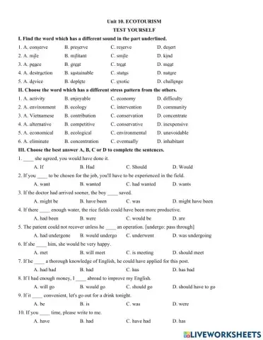 Unit 10. ECOTOURISM  TEST YOURSELF