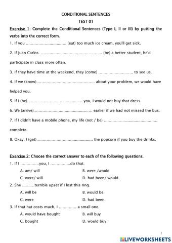 Conditionals types 1,2,3, mixed
