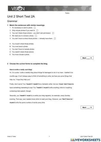 Vision 2 unit 2 short test