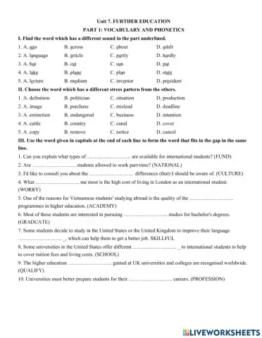 Unit 7. FURTHER EDUCATION  PART 1: VOCABULARY AND PHONETICS