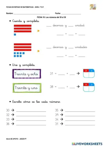 Ficha Matemáticas 18-1EP-Números desde 30