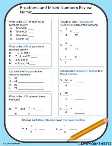 Fractions and Mixed Numbers Review