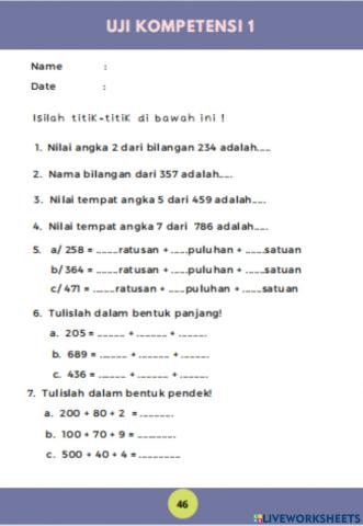 Uji Kompetensi Bilangan ratusan