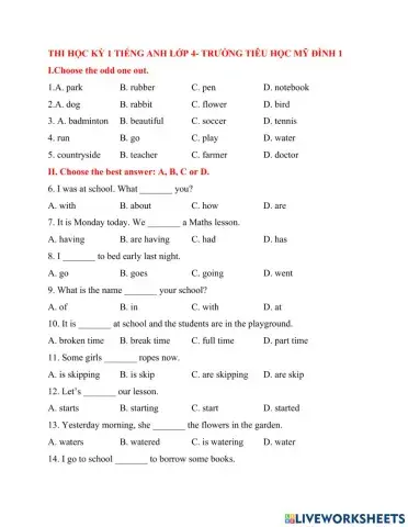 Thi học kỳ 1 tiếng anh lớp 4