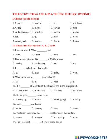 Thi học kỳ 1 tiếng anh lớp 4