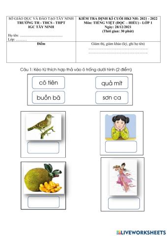 Igc- kiểm tra cuối hk1- đề tiếng việt (đọc hiểu)- khối 1