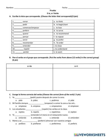 E-i, e-ie verb quiz