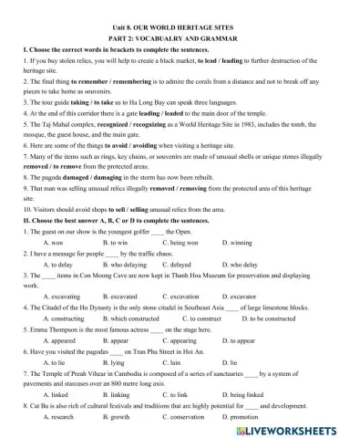 Unit 8. OUR WORLD HERITAGE SITES  PART 2: VOCABUALRY AND GRAMMAR