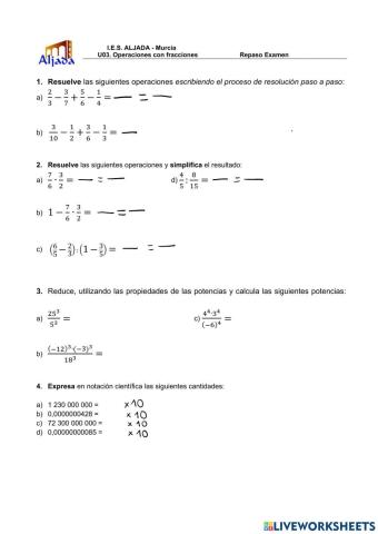 Repaso examen3 Operaciones con fracciones 2ºESO