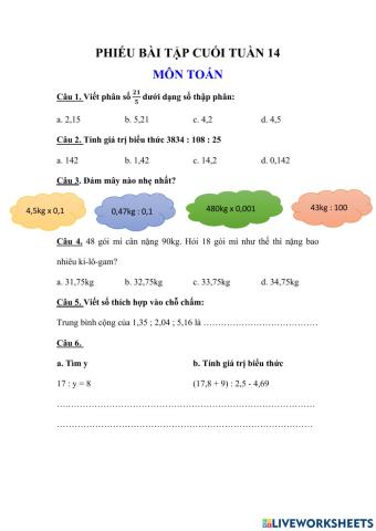 Bài tập cuối tuần 14 môn Toán