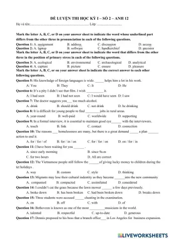 ĐỀ LUYỆN THI HK1 số 2 - ANH 12